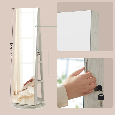 Rootz Schmuckschrank – Schmuckschrank mit Spiegel – Stehender Schmuckschrank – Ganzkörperspiegel – Schmuckaufbewahrungsspiegel – Weiß mit Holzmaserung – 54,5 x 54,5 x 162 cm