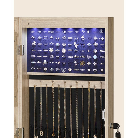 Rootz Schmuckschrank – Hängender Schmuckschrank – Schmuck-Organizer zur Wandmontage – Schmuckkästchen aus Holz – Schmuck-Organizer mit Spiegel – Eichenfarbe – 37 x 10 x 120 cm (L x B x H)
