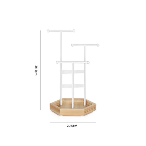 Rootz Schmuckhalter – Halskettenhalter – Ohrringhalter – Armbandhalter – Ringhalter – Schmuckständer – Schmuckbaum – Eisenrahmen – Sockel aus massivem Holz – Weiß/Natur – 20,5 x 18 x 36 cm