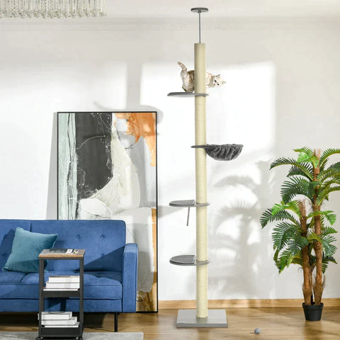 Rootz Scratching Post With Hammock - Incl. Ceiling Tensioner - Ceiling Height - Gray + Creamy White - 40 cm x 40 mx 250 cm