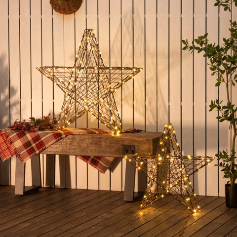 Rootz Christmas Star Light - Christmas Lights - Set Of 2 Christmas Stars - 160 LEDs - Weatherproof - Metal - Brown - 80 x 30 x 80cm
