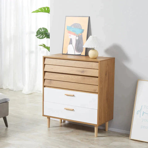 Rootz Dresser - Drawer Cabinet - Side Cabinet - Sideboard - Storage Cabinet With Drawers - Anti-tipping - MDF Natural Wood + White - 80 x 39.5 x 92 cm