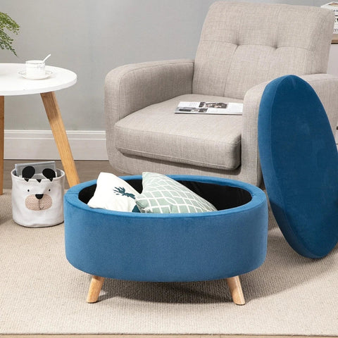 Rootz Bench - Bench Seat - Storage Bench -  Chest Bench - Wooden Legs - Footstool - Corner Stool - Bedroom - Living Room - Velvety Polyester - Rubber Wood - Blue - 71 x 51.5 x 42 cm