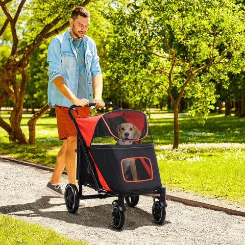 Rootz  Folding Dog Trolley - One-click System - Travel Essentials - Foldable - 2 Safety Lines - Steel+oxford Fabric - Red + Black - 112L x 65W x 100H cm