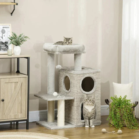 Rootz Scratching Post - Cat Tree - Cat Cave - Cat Bed - With Ball Toy - Light Gray/Natural - 60cm x 40cm x 91cm