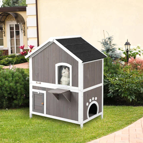 Rootz Cat House - Cat Hut - Cat Cave - Cat Villa - Small Animal House - With Platform - Weatherproof - Fir Wood - Grey - 100 x 62.5 x 119 cm