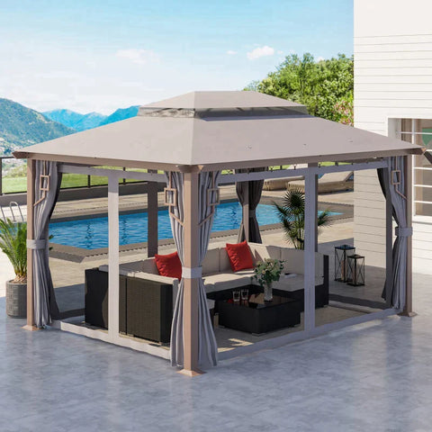 Rootz Gazebo - Garden Gazebo - Pavilion - Garden Tent - Party Tent - With Side Nets And Curtains - Aluminum/Steel/Polyester - Dark Grey - 4m x 3m