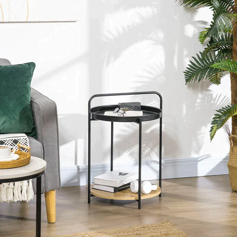 Rootz Side Table - Industrial Design - 2-in-1 Function Incl. Tray - Steel Pipe - Chipboard - Black + Natural - 43.5L x 42.5W x 60H cm