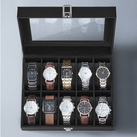 Rootz Uhrenbox – Uhrenaufbewahrungsbox – Uhrenbox für 10 Uhren – Uhrenvitrine mit Schublade – personalisierte Uhrenbox – Luxus-Uhrenhalter – tragbares Uhrengehäuse – Schwarz – 20,2 x 25,5 x 7,8 cm (T x B x H)