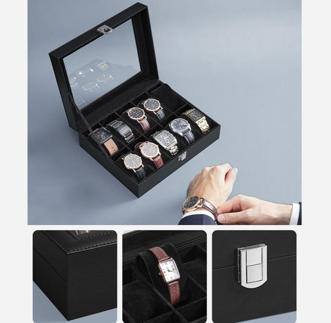 Rootz Watch Box - Horloge Opbergdoos - Horloge Box Voor 10 Horloges - Horloge Vitrine Met Lade - Gepersonaliseerde Horloge Box - Luxe Horlogehouder - Draagbare Horloge Case - Zwart - 20,2 x 25,5 x 7,8 cm (D x B x H)
