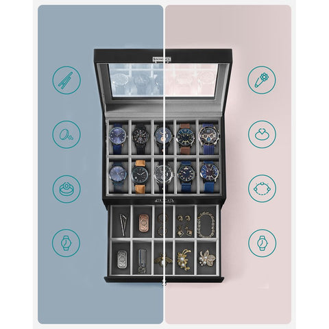 Rootz Watch Box - Elegant Watch Box For 20 Watches - Watch Storage Box - Luxury Watch Organizer - Travel Watch Case - Multi-slot Watch Box - Black + Gray - 28.5 x 20.5 x 16 cm (L x W x H)