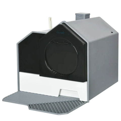 Rootz Hooded Cat Litter Tray with Scoop - Cat Litter Box with Drawer Pan - Handle - Deodorants - Hut Design - Front Entrance - Grey - 47 x 45 x 42cm