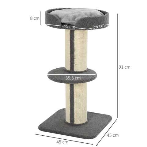 Rootz Cat Tree - Play Tree - Scratching Post - Cats 2-tier Scratching Tree - E1 Chipboard - Grey - 45 x 45 x 91 cm