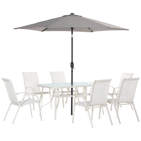 Rootz 8 Piece Garden Set With Umbrella - Garden Set - Umbrella - Parasol - With Garden Set - Metal/Aluminum/Tempered Glass/Mesh/Polyester - Cream White/Light Gray