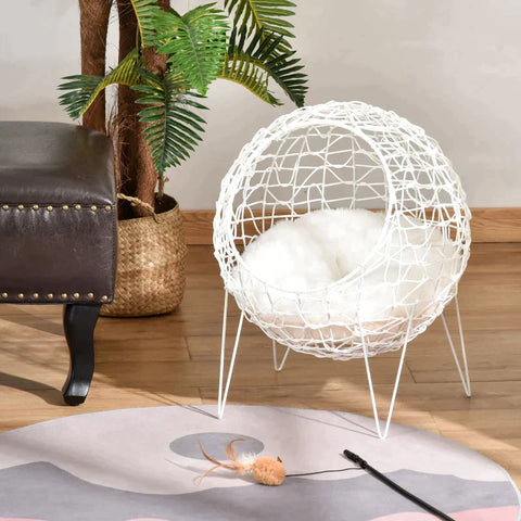 Rootz Rattan Cat Basket - Cat Cave - Cat Hut - Cat Bed with Cushion - Elevated Design - Pet Bed - Cream White - Ø45 x 57H cm