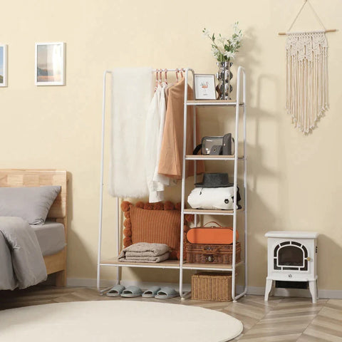 Rootz Clothes Rack - Clothes Stand - Coat Stand - 5 Shelves - 1 Clothes Rail - Natural + White - 101 cm x 39 cm x 160 cm