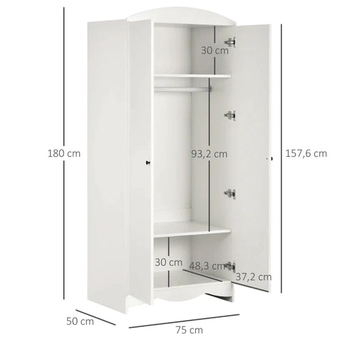 Rootz Wardrobe - 1 Clothes Rail - 2 Shelves - Closet With Shelves - Stylish Bedroom Storage - White - 75 cm x 50 cm x 180 cm