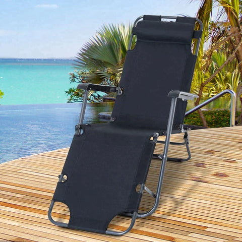 Rootz Sun Lounger With Cushion - Foldable Beach Lounger - 2-tier Garden Lounger - 2-in-1 Relaxation Lounger - Metal + Oxford Fabric - Black - 135 x 60 x 89 cm