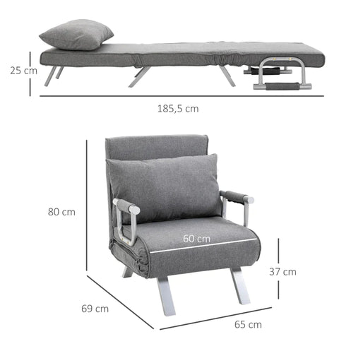 Rootz Sofa Bed - Armchair Bed - Sofa Bed With Armrests - 3-in-1 Armchair Bed - Guest Bed - Folding Mattress - Folding Bed - Chaise Longue - Multifunction - Grey - 65 x 69 x 80 cm