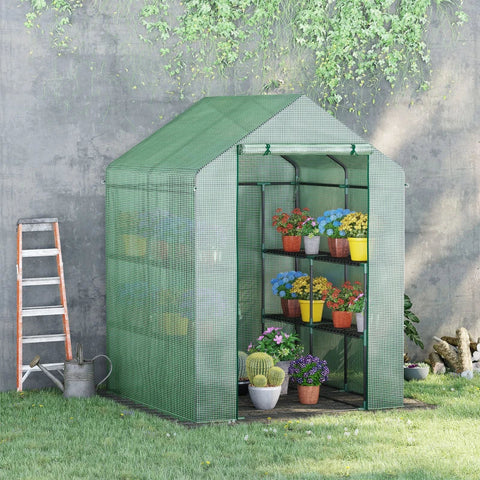 Rootz Foil Greenhouse - Walk-in Greenhouse With 8 Shelves - Tomato Greenhouse - Cold Frame With Door - Steel - PE Plastic - Green - 143 x 138 x 195 cm