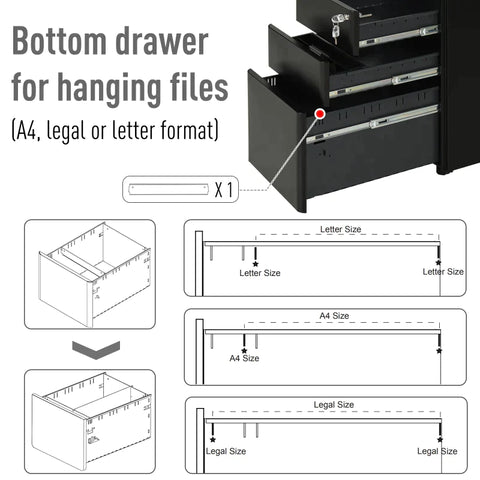 Rootz File Cabinet - Rolling Container - Office Container - 3 Drawers - Steel Metal - Home - Office - Black