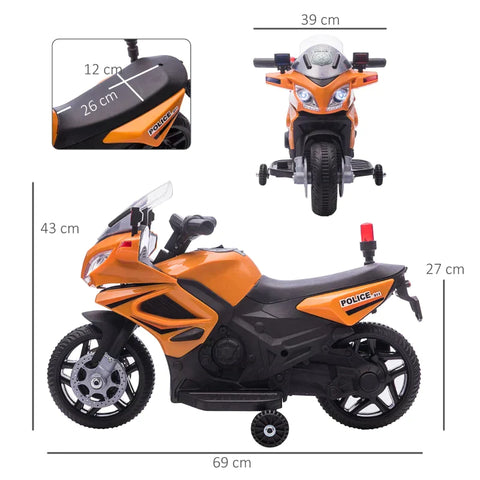 Rootz Children's Police Electric Motorcycle -  Police Motorcycle - Electric Car Stroller - Police Lights - Electric Quad - Orange/Black - 69 x 39 x 43 cm
