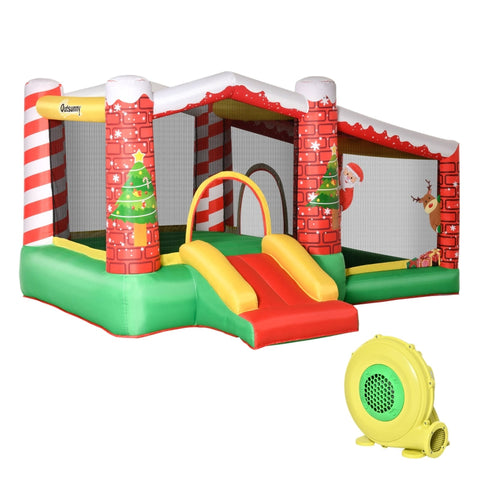 Rootz Christmas Inflatable Bouncy Castle - Trampoline Small Slide Ball Pit for 3 Kids - Bouncy Castle with Blower for 3-8 Years Kindergarten - Oxford Fabric - Polyester - Red + Green - 325 x 270 x 175 cm