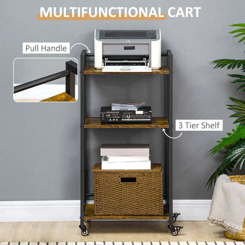 Rootz Cart - Storage Rack - Storage Trolley - Printer Stand - With 3 Height-Adjustable Shelves - Steel/Particleboard - Brown/Black - 50 cm x 35 cm x 100.5 cm