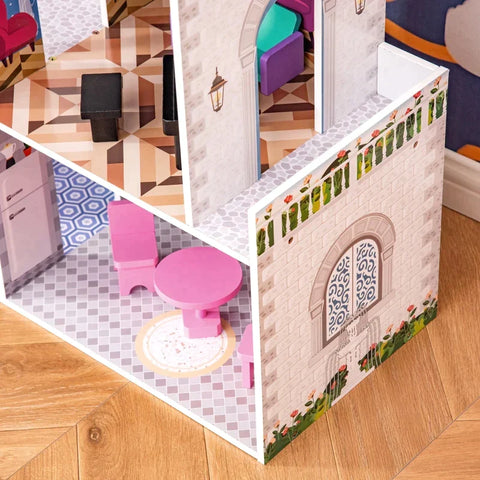 Rootz Wooden Dollhouse - Kids Dollhouse - Dreamhouse Villa - With Furniture Accessories - Pink - 60 x 29 x 85 cm