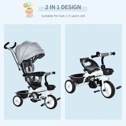 Rootz 2 In 1 Children's Tricycle - Jogger With Steering System - Rod Basket - Sun Canopy - Velvet Touch - Grey - 100 x 48 x 106 cm