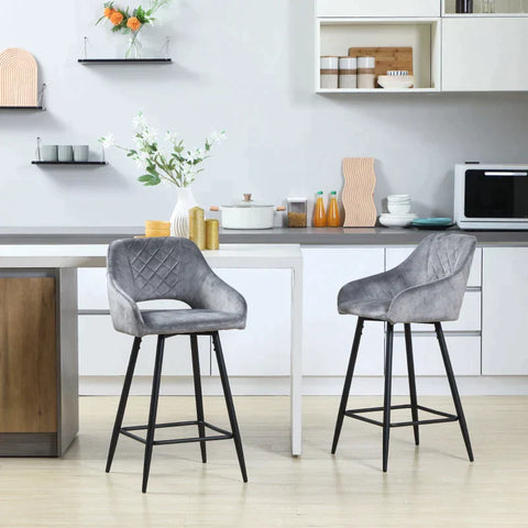 Rootz 2er-Set Barhocker im Retro-Design – Samt-Optik – inkl. Fußstütze – Grau – 50 cm x 53 cm x 94 cm