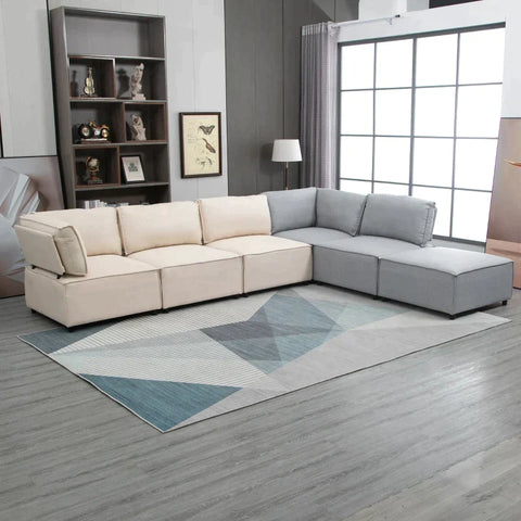 Rootz 6 Pcs. Sofa Set - Corner Bench - Corner Couch With Sleeping Function - Gray + Beige - 325cm x 83cm x 80cm