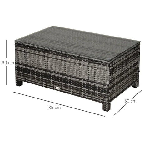 Rootz Garden Side Table - PE Rattan Garden Coffee Table -  With Glass Table Top - Grey - 85cm x 50cm x 39cm
