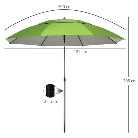 Rootz Beach Umbrella - Parasol With Ventilation Holes - With Protective Cover - Carry Bag - Green - 185L x 185W x 205H cm