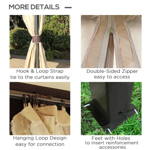 Rootz Gazebo - Garden Pavilion - Garden Tent - Marquee Party Tent With 4 X Side Walls Mosquito Net - Breathable - Double Roof - Metal - Polyester - Khaki + Brown - 3.95L x 3.28W x 3.33H w