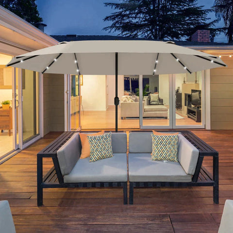 Rootz Double Sided Parasol - Parasol - Sun Umbrella - With LED Solar Lights - Khaki - 440 x 260 cm