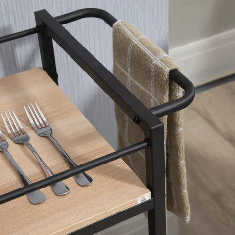 Rootz Kitchen Trolley - Serving Trolley With 2 Shelves - Railing - Steel - Black + Wood - 82 x 40 x 75cm