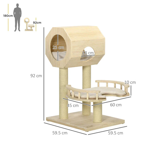Rootz Scratching Post - Cat House - Three Scratching Posts - Cat Tree - With Lounger - Washable Lounger Cushions - Pine Wood - Natural Wood - 59.5 x 59.5 x 92cm