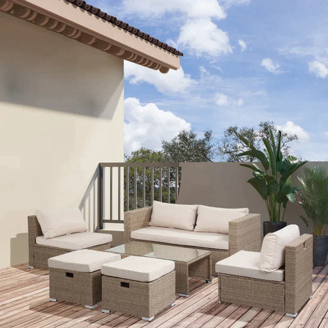 Rootz Sofa Set - Rattan Seating Set - Garden Furniture Set - Coffee Table - Metal - Khaki/Beige