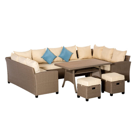 Rootz Sofa Set - 3 Zits Bank Met Armleuning - Salontafel - Krukken - Zitkussens - Zitgroep Gemaakt Van PE Rotan - Bruin - 174cm x 61cm x 72cm
