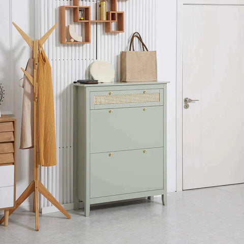 Rootz Shoe Cabinet - Shoe Chest - 2 Tilting Drawers - Stripes In Rattan Look - Anti-tip - MDF/Plastic Rattan - Green - 88 x 30 x 120cm