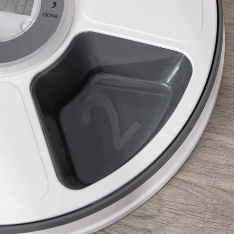 Rootz Pet Feeder - 6 Compartment Pet Feeder for Cats - Pet Feeder with Digital Timer - LED Display - White + Grey - Ø30.5 x 7.2H cm