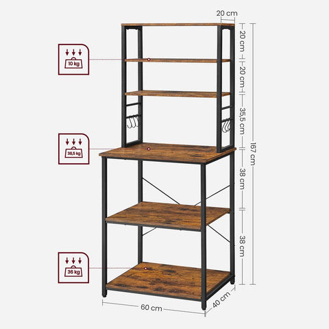 Rootz Kitchen Shelf - Kitchen Shelf With Shelves And Hooks - Wall-mounted Kitchen Shelf - Wooden Kitchen Shelf - Industrial Kitchen Shelf - Chipboard - Steel - Vintage Brown-black - 40 x 60 x 167 cm (D x W x H)