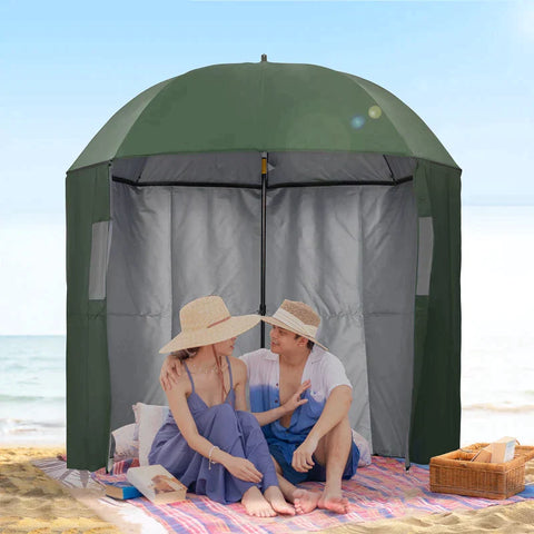 Rootz Beach Parasol - Beach Umbrella - 2m Beach Parasol - Fishing Umbrella Brolly - With Sides And Push Botton - Metal/Polyester - Green - 2 x 2.2m