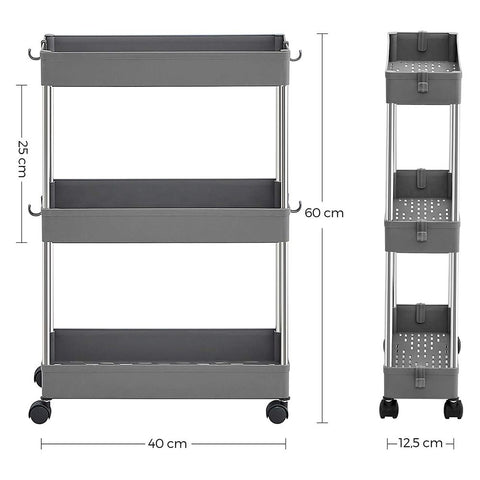 Rootz Kitchen Trolley - Rolling Shelving Unit - Serving Trolley - 3 Tier Kitchen Trolley - Trolley Rack - Storage Trolley Rack - Mobile Trolley Rack - Grey - 40 x 13.5 x 60 cm