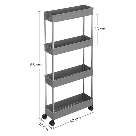 Rootz Kitchen Trolley - Rolling Shelving Unit - Serving Trolley - 4 Tier Kitchen Trolley - Trolley Rack - Storage Trolley Rack - Mobile Trolley Rack - Grey - 40 x 12.5 x 86 cm