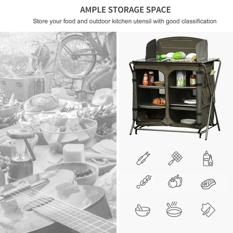 Rootz Camping Cupboard - Foldable Camping Kitchen Storage - Carrying Bag - 6 Shelves for BBQ Party - Steel - Oxford Fabric - Green - 57 x 94 x 109 cm