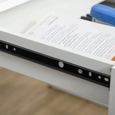 Rootz Computertisch – Computertisch mit 2 Schubladen – inkl. Memo-Gitter + 10 Haken – Seitentasche – Stahl – Spanplatte – Weiß + Grau – 110 L x 58,5 B x 127 H cm