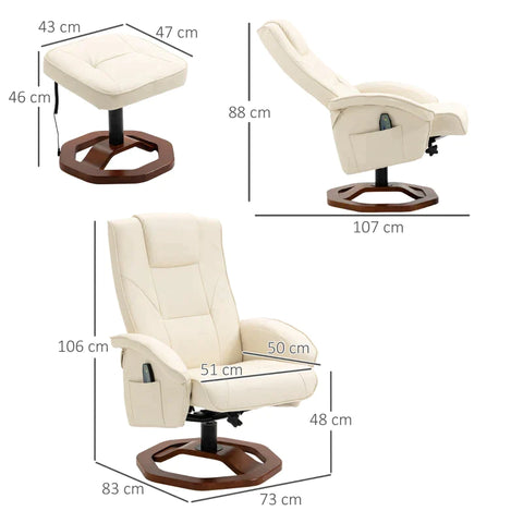 Rootz Massage Chair - Relaxation Chair - With Footstool - 10 Massage Points - Reclining Function - Rotating Seat - Cream White - 73 x 83 x 106cm