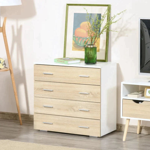 Rootz Drawer Cabinet -  Bathroom Cabinet - Chest Of Drawers With 4 Drawers - Bedroom - Living Room - White/Oak - 76 x 35 x 72 cm